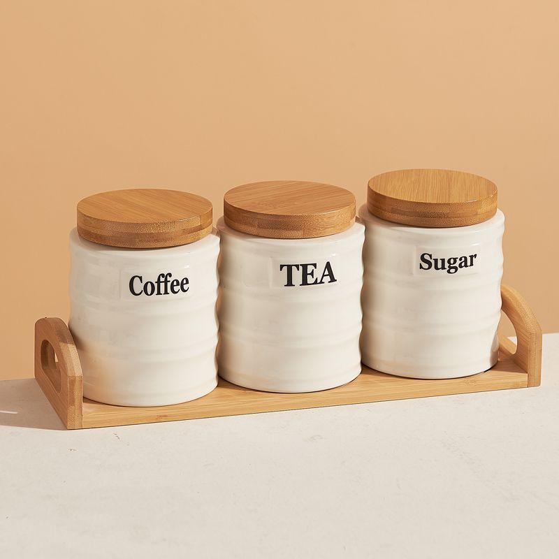 Kitchen Baking Canisters - ชุดโหลเซรามิก 3 ชิ้น พร้อมฝาไม้ไผ่ สำหรับเก็บกาแฟ น้ำตาล