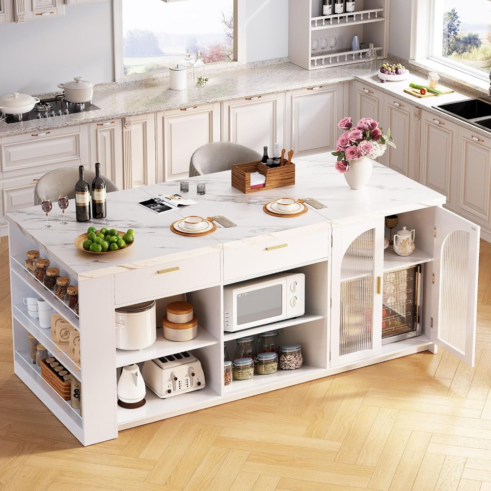 Kitchen Queen - โต๊ะครัวขนาดใหญ่ 71 นิ้ว พร้อมที่เก็บของ โต๊ะเกาะกลางห้องครัวลายหินอ่อนสีขาว สำหรับนั่งได้