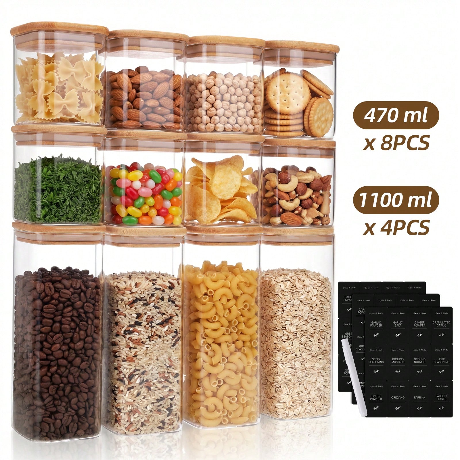 Kitchen Baking Canisters - Tomnk ชุดภาชนะเก็บอาหารแก้วพร้อมฝาปิด 12 ชิ้น, ความจุ 2