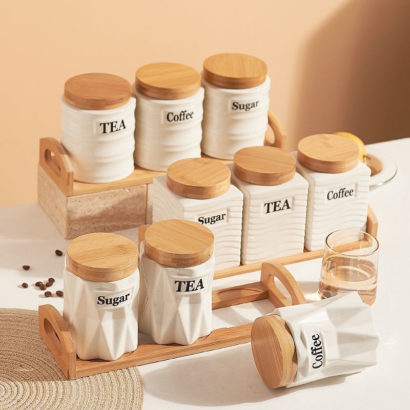 ชุดโหลเซรามิก 3 ชิ้น พร้อมฝาไม - Kitchen Baking Canisters บทวิจารณ์และราคา