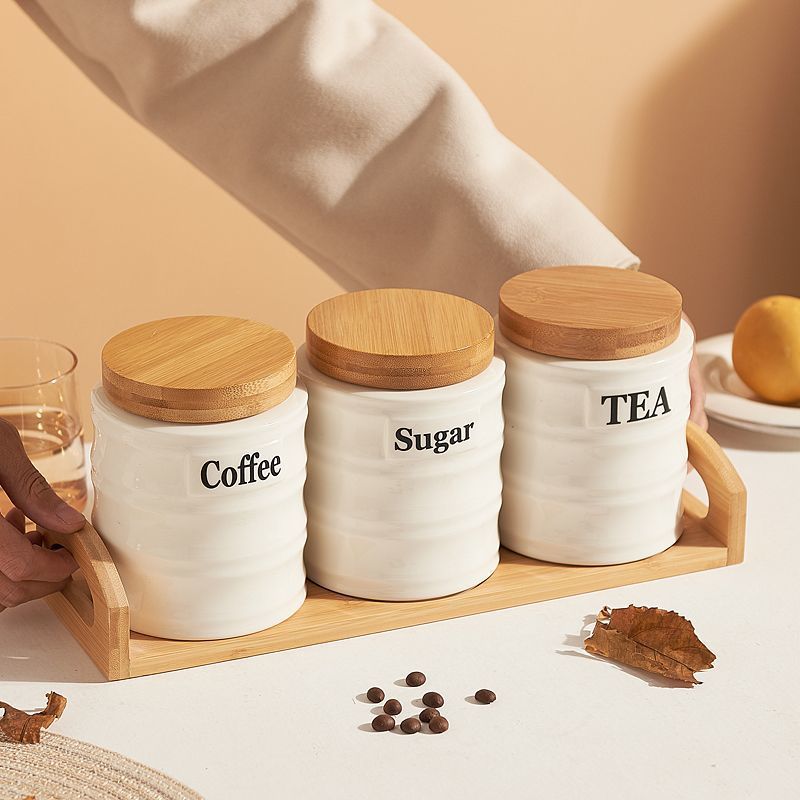 ชุดโหลเซรามิก 3 ชิ้น พร้อมฝาไม - Kitchen Baking Canisters บทวิจารณ์และราคา
